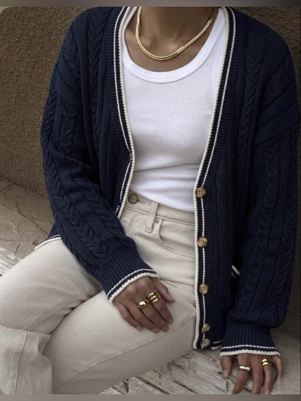 Vintage Oscar Jacobson Swedish Wool Cable Knit Cardigan - Navy/White Old Money